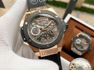 ウブロ時計 アナログ自動巻BIG BANG MECA-10 ムーブメント時計 レアルゴムのバンド トップムーブメント幅44mm 灰色文字盤　[ケース]灰色