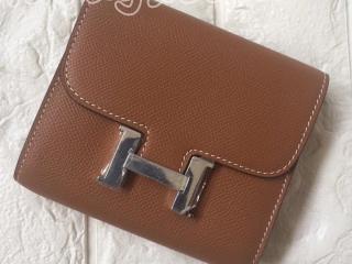 エルメスコンパクト財布 Hermesヴォー・エプソン短い財布 折りたたみ財布 輸入牛革　Cartera Constance Compact二つ折財布　ブラウン　ゴールド/シルバー金具選択可
