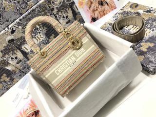 M0565OREO_M884 ディオール バッグ スーパーコピー Dior 21新作 Lady D-Lite ミディアムバッグ Stripes エンブロイダリー レディース バッグ