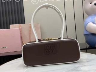 5BB173_2IBP_F03XH_V_OWM ミュウミュウ バッグ コピー 25SS新作 MIUMIU ボー レザー バッグ レディース ハンドバッグ ブラウン／ホワイト